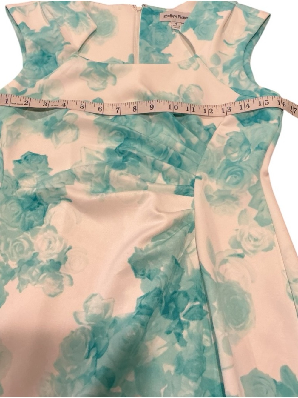 Shelby & Palmer Floral Sheath Dress Size 6 Blue White Ruched Elegant Midi - Picture 5 of 8